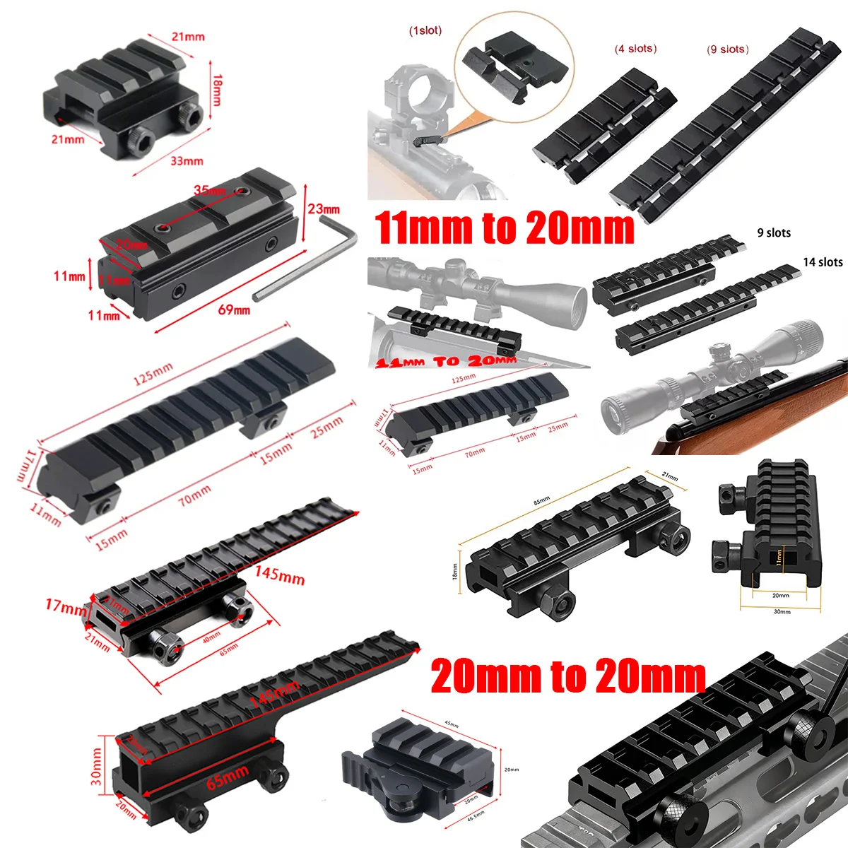 Adaptador riel Picatinny 11-20 mm para mira telescópica airsoft