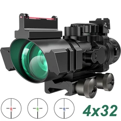 Mira telescópica para Rifle de prisma 4x32, mira telescópica táctica iluminada en rojo, verde y azul con mira de fibra óptica, mira telescópica para caza para riel de 20mm