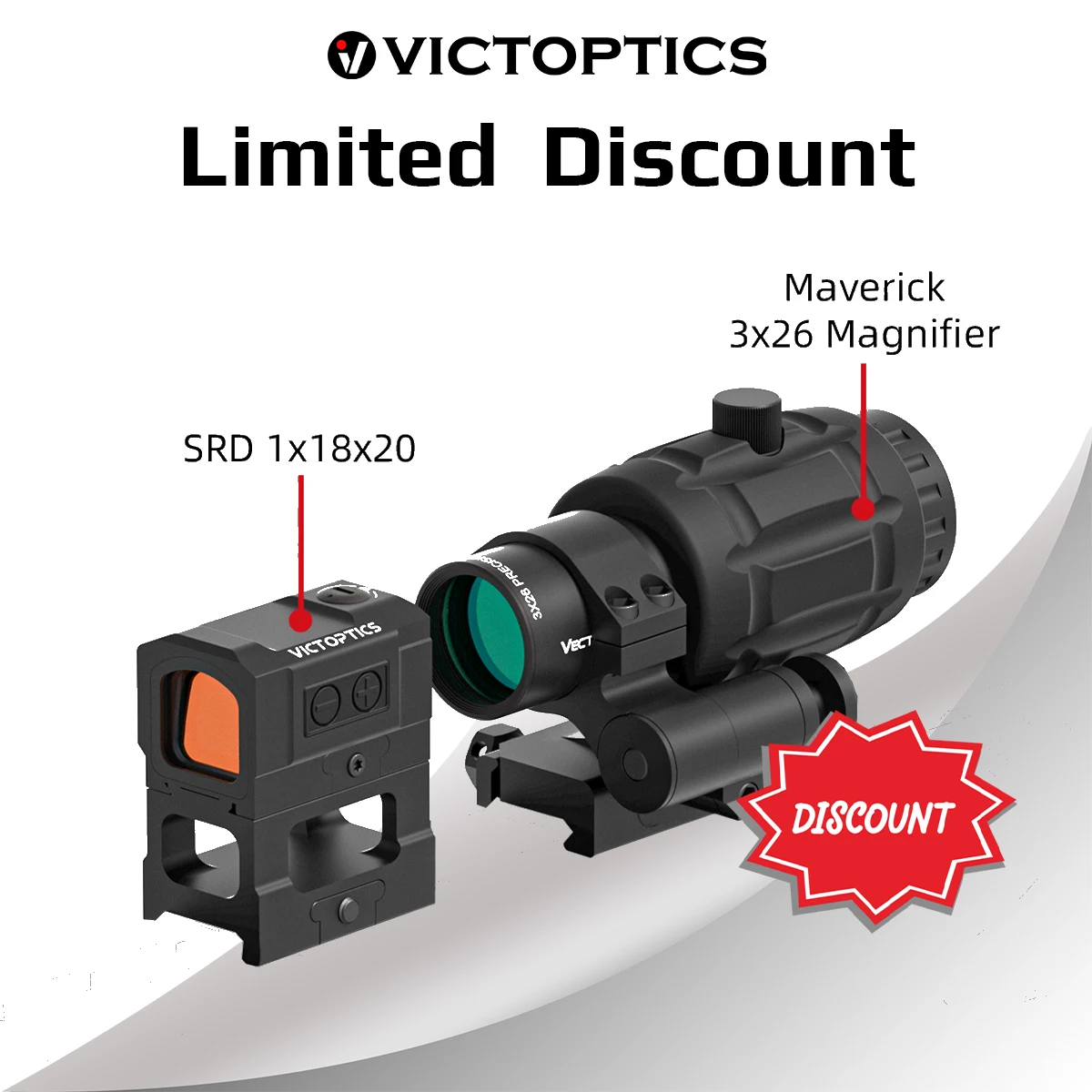 Combo Óptico Táctico VictOptics SRD 1x18x20 Mira de Punto Rojo y Magnificador 3x con Montura Lateral Abatible para Preparación Táctica y Flexibilidad
