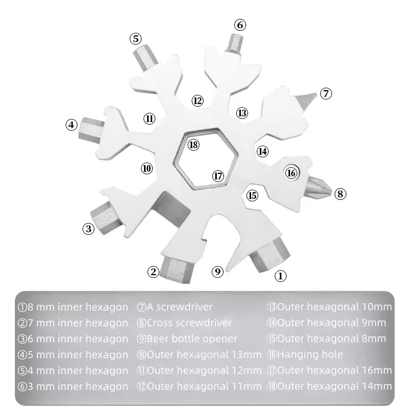 Llave multifuncional para copos de nieve, herramienta portátil multifuncional para copos de nieve, acero hexagonal multiusos con alto contenido de carbono - imagen 5