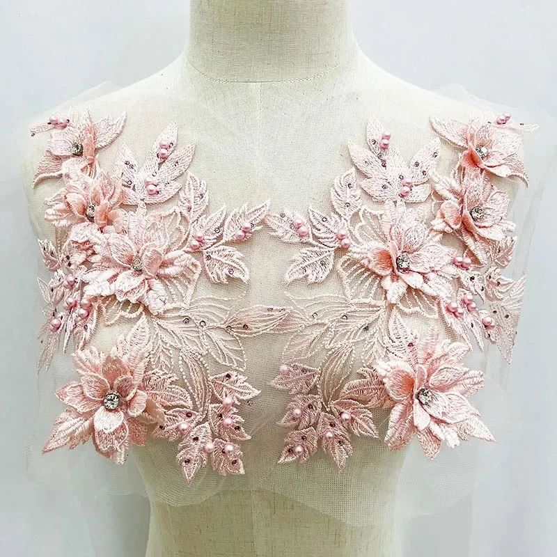 30*21 CM/3d flor con cuentas de cristal bordado de diamantes de imitación coser en parches, apliques de corpiño de encaje de tela suministros de costura DIY para vestido - imagen 5