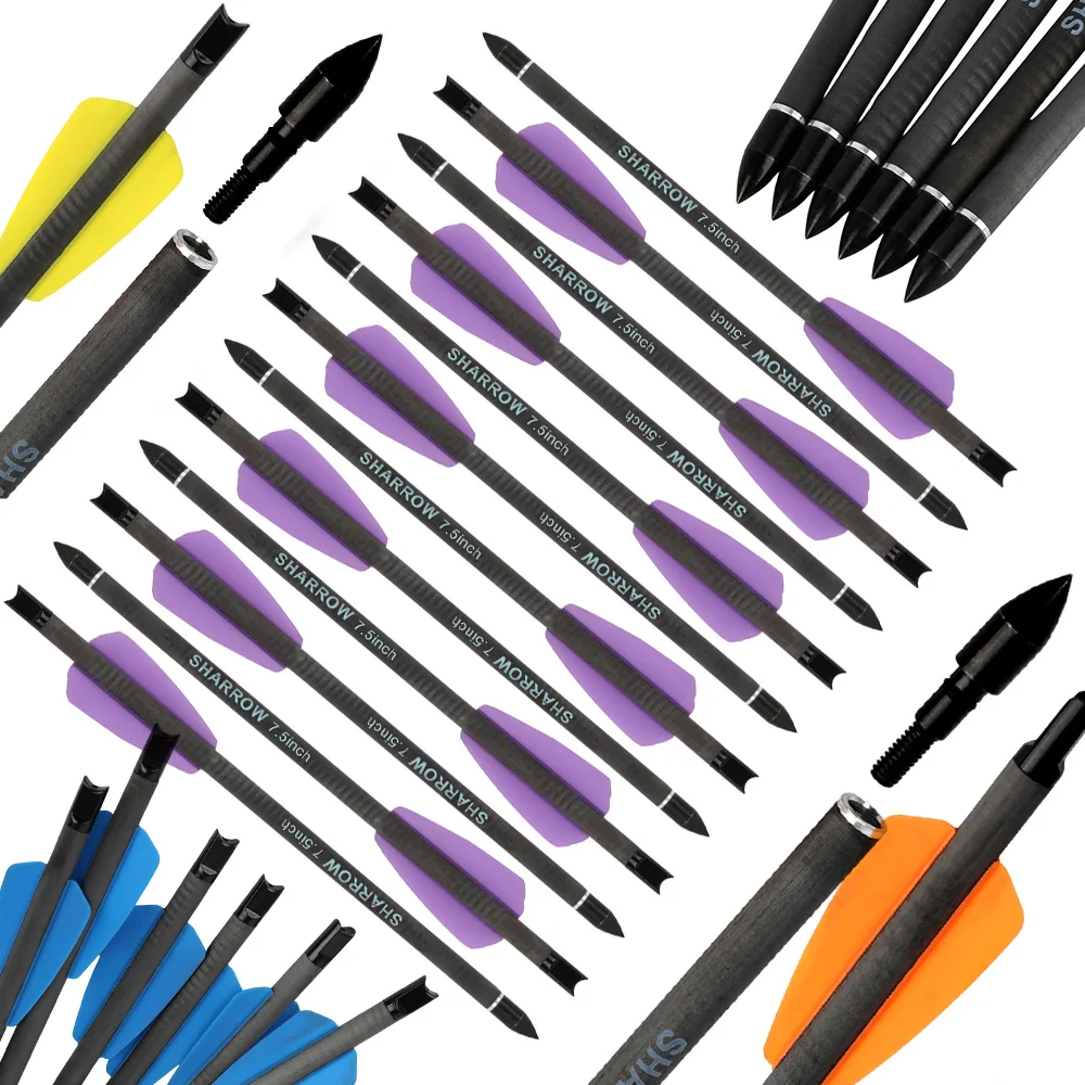 Flecha de ballesta de 7,5 "/15", tiro con arco ID6.2mm OD7.4mm, eje de carbono puro, tiro con arco, pernos de ballesta de caza, puntas de flecha de 100Gr, 6/12 unidades
