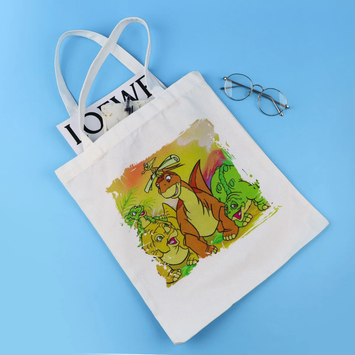 Bolso de mano de dinosaurio de dibujos animados, bolsos de hombro para mujer, bolso de compras Vintage, bolso de mano de lona informal de gran capacidad
