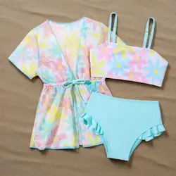 3 piezas Bikini Top falda niños niñas traje de baño niños cintura alta traje de baño niños bañistas traje de baño traje de baño ropa de playa