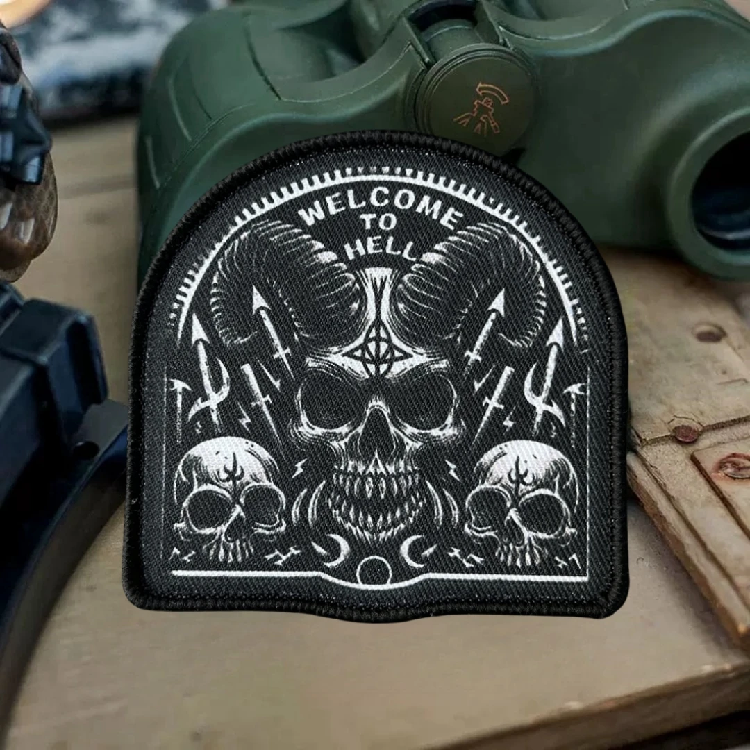 Parche de gancho y bucle con estampado de calavera de demonio "Bienvenido al infierno", insignia de moral táctica, pegatina decorativa para mochila - imagen 3