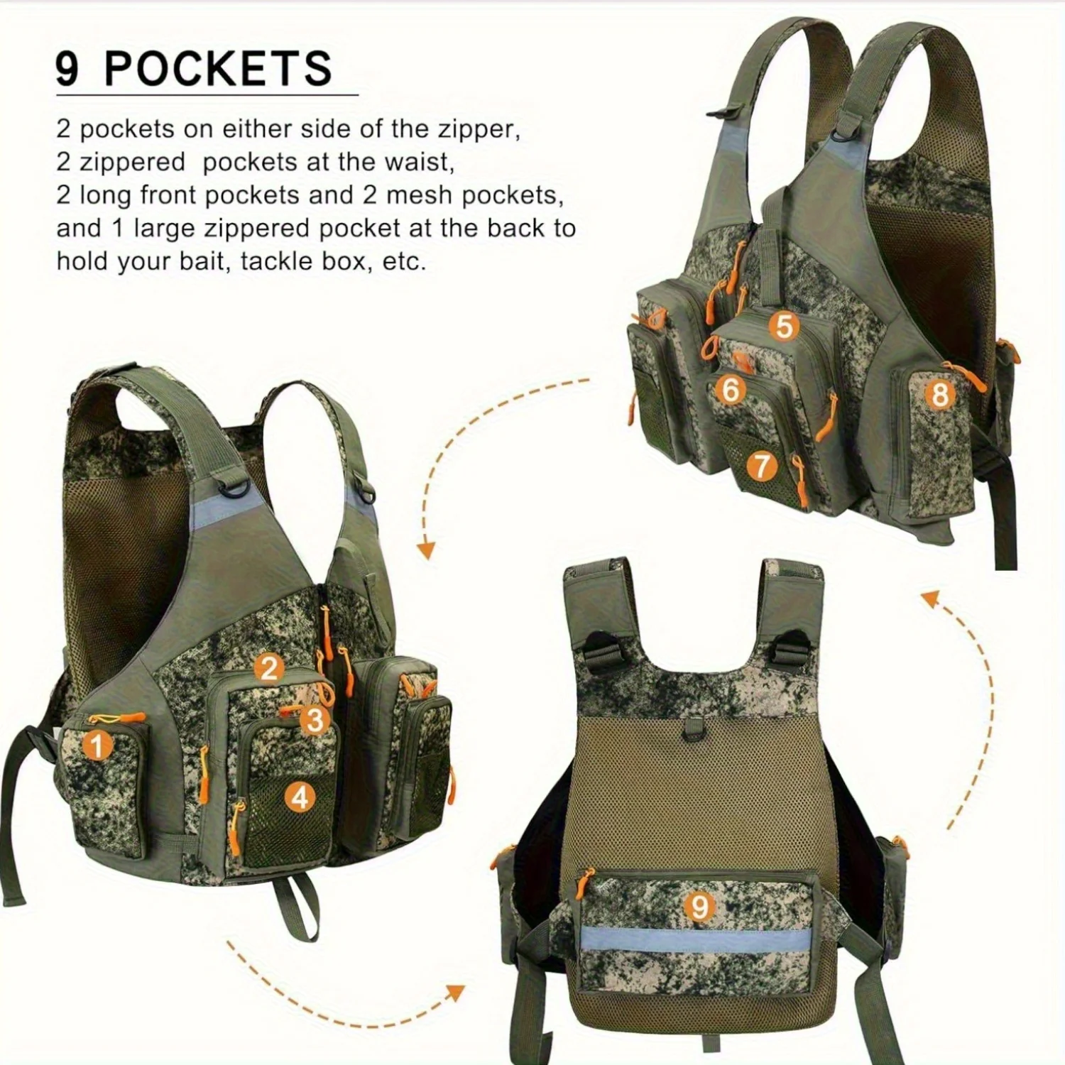 Chaleco de pesca multibolsillo, mochila, chaleco de caza de poliéster duradero, equipo ligero para exteriores para pescar, pesca con mosca de agua dulce - imagen 4