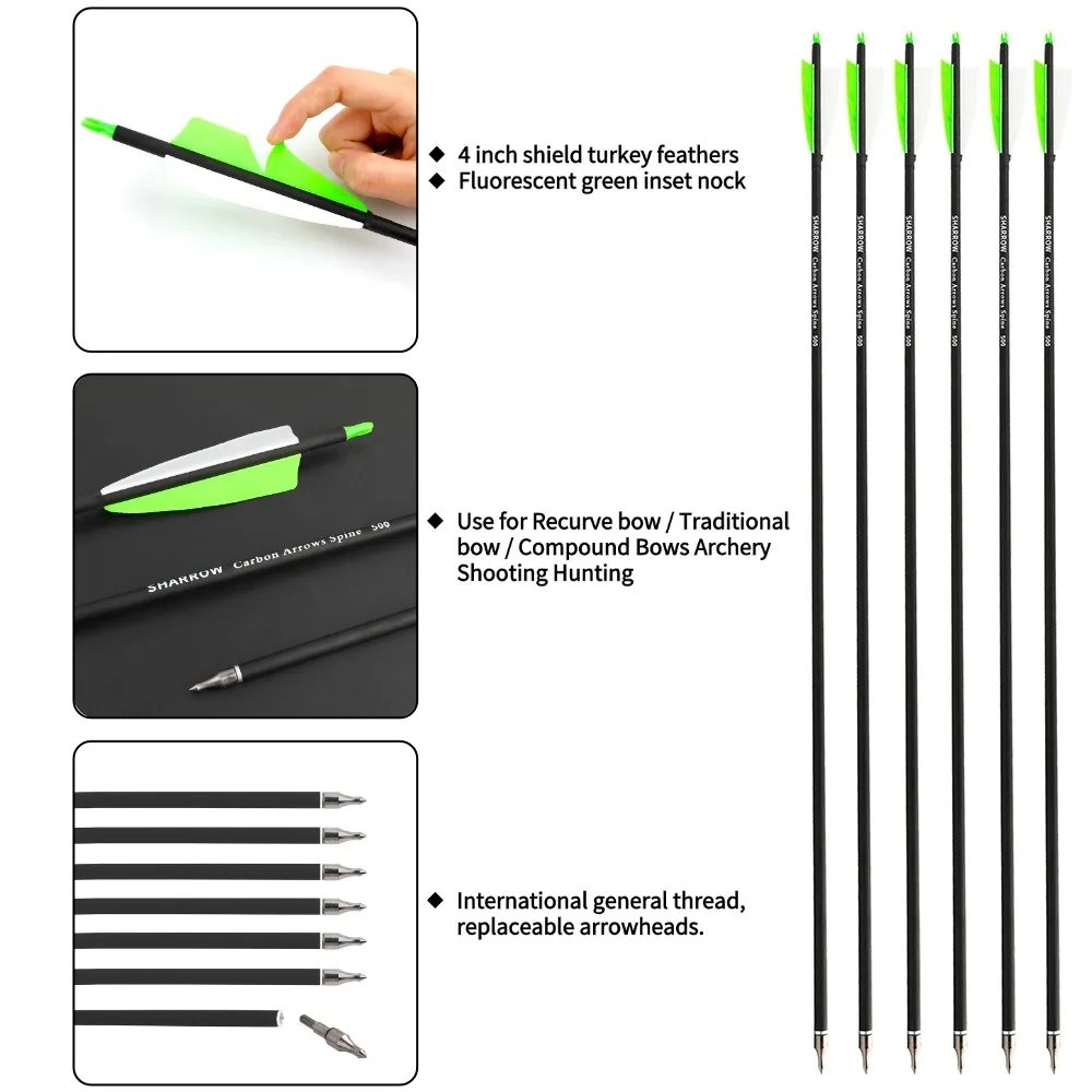 6/12 Uds tiro con arco profesional flecha de carbono Spine500 pavo 4 pulgadas pluma de flecha 100 punta de flecha de acero de grano práctica de tiro de caza - imagen 3