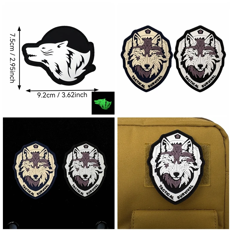 Parches de gancho y bucle noctilucentes de lobo de supervivencia táctica, capítulo de moral de PVC, insignia de parche diy para mochila de ropa al aire libre