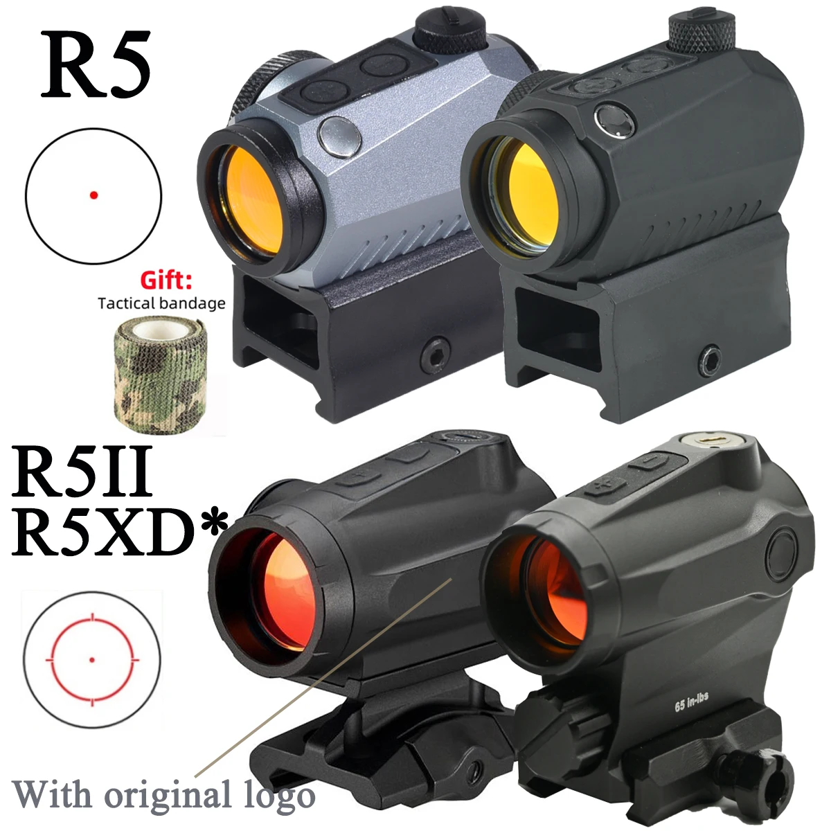 Óptica holográfica R5 GEN II, punto rojo para caza, mira compacta 32 MOA Airsoft con soporte alto y bajo de 20mm con marcas originales