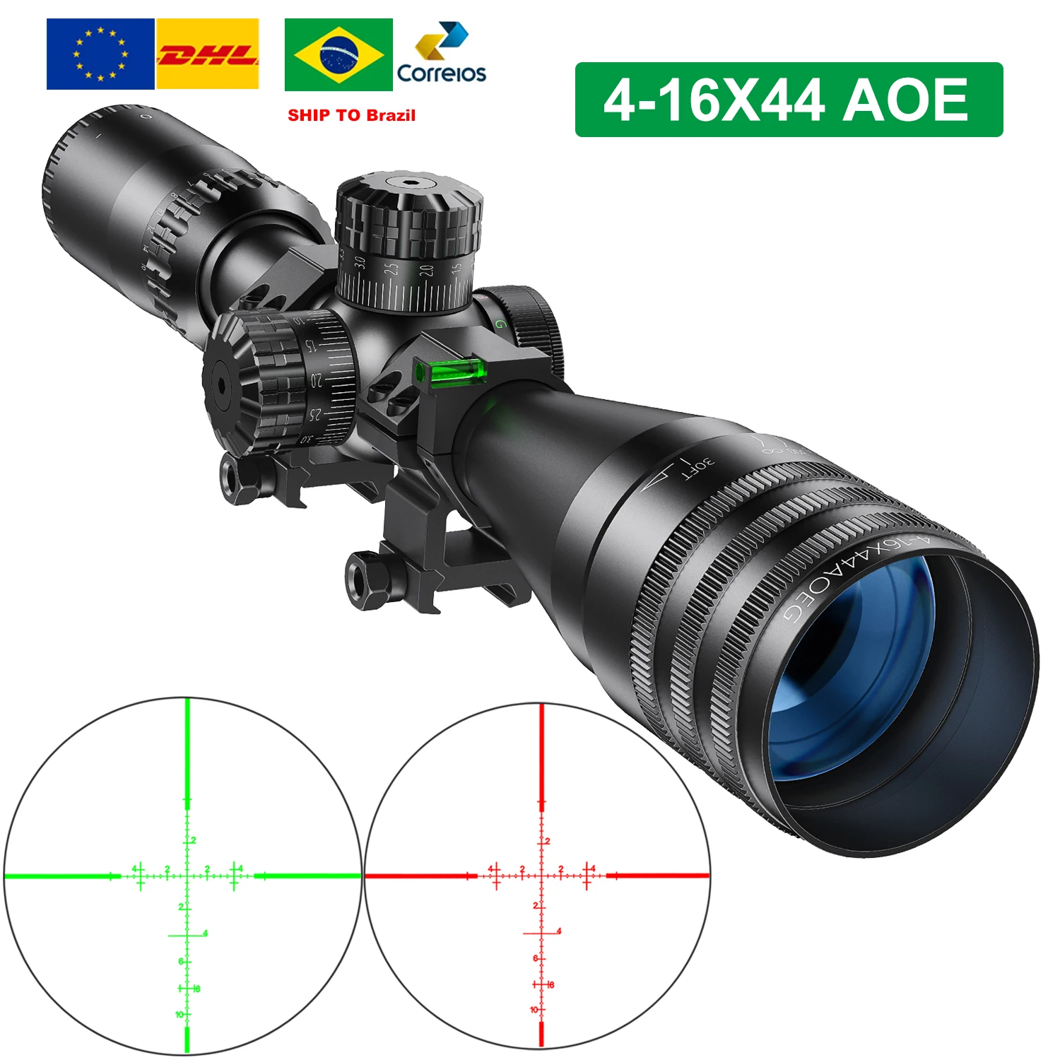 Mira telescópica táctica 4-16x44 AOE, mira telescópica Para caza táctica Airsoft Luneta Para Rifle De Caça, mira iluminada roja y verde, francotirador