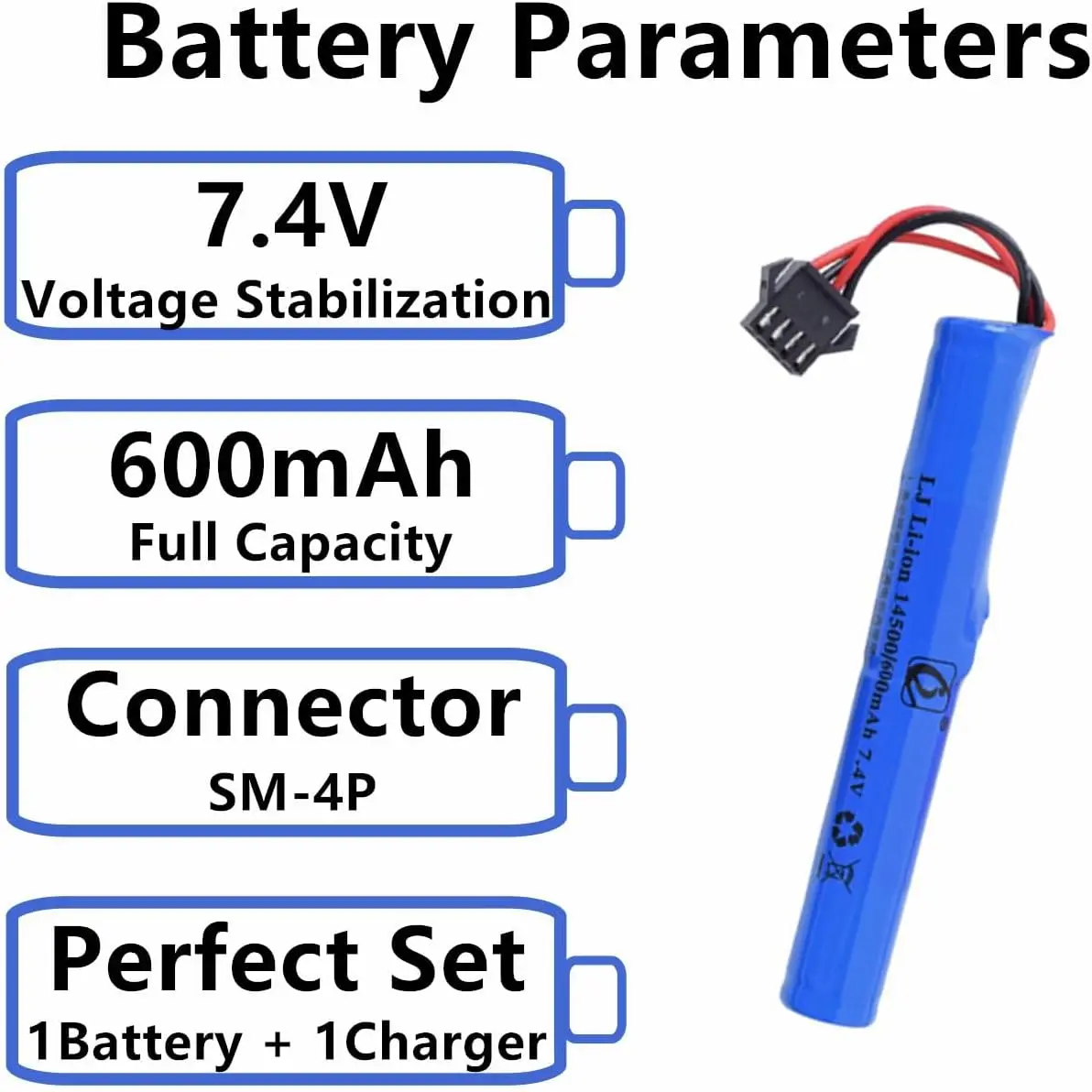 Airsoft Battery 7.4V 600mAh 14500 Li-ion Battery SM-4P reverse Plug with Charger for M416 M4A1 Gel Water Blaster Airsoft Guns - imagen 3