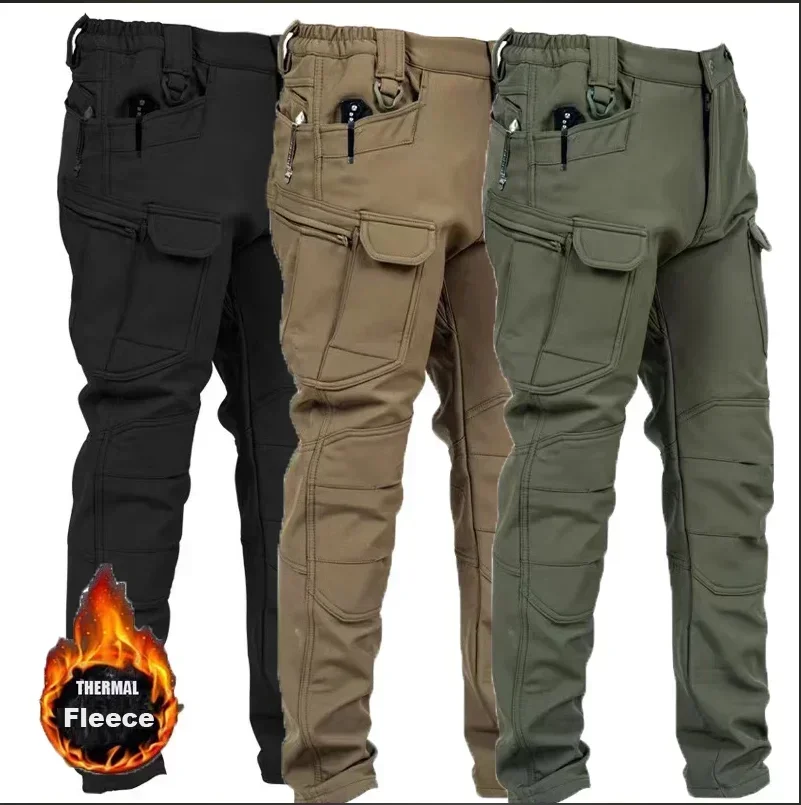 Pantalones cálidos impermeables para hombre, pantalones de trabajo de lana de piel de tiburón para senderismo al aire libre, pantalones Cargo gruesos resistentes al desgaste a prueba de viento - imagen 2