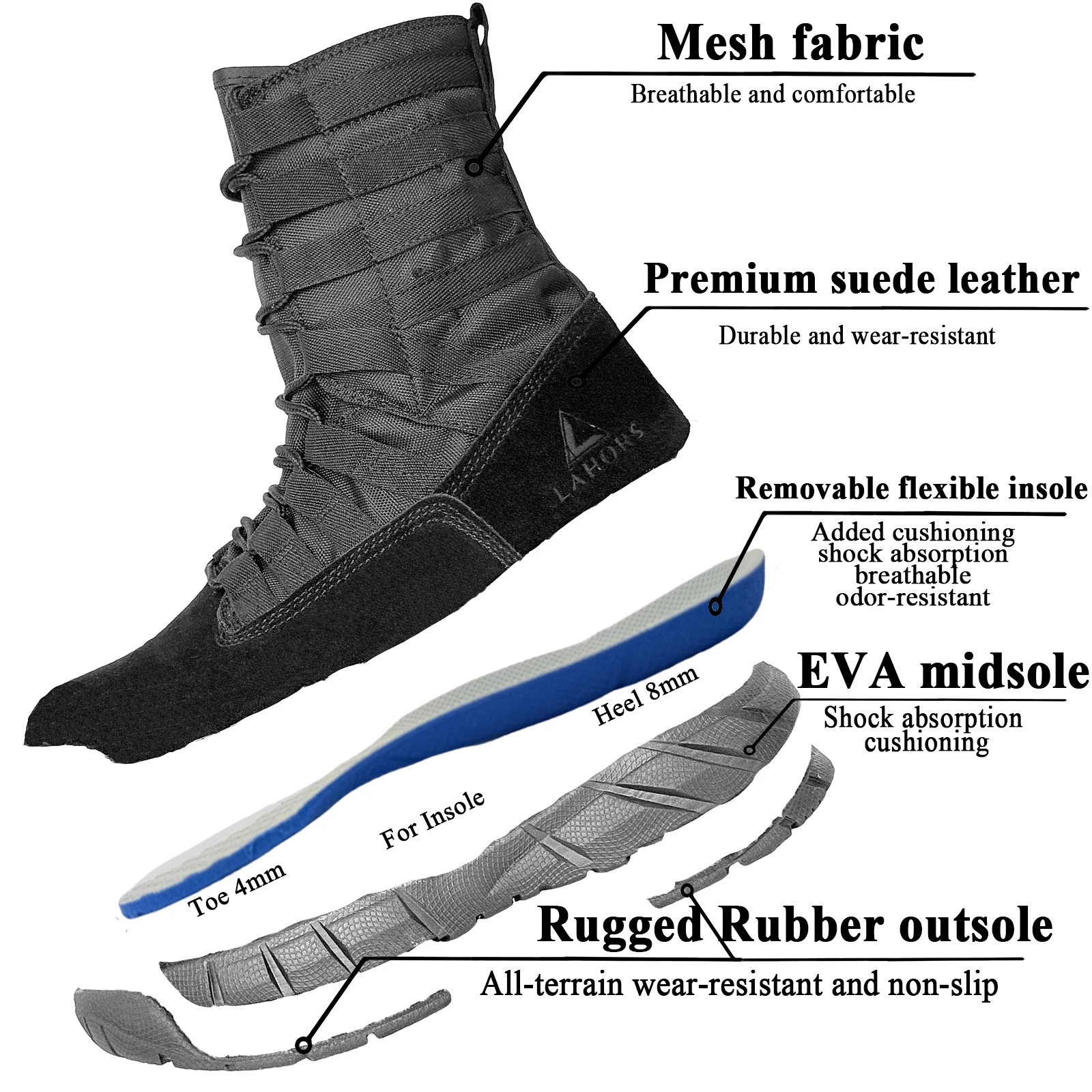 LAHORS Botas de combate tácticas de cuero de ante ligero para hombre, zapatos militares para senderismo al aire libre, botines transpirables para hombre hechos por el desierto - imagen 5