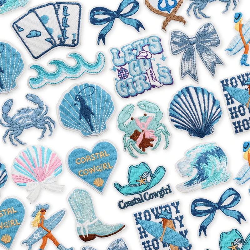 10 unids/lote de parches para planchar de vaquera costera para ropa, parches bordados de olas de mar, apliques decorativos personalizados para coser - imagen 2