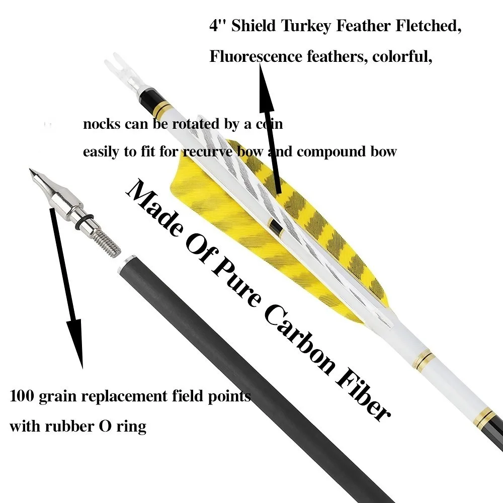 Flechas de carbono puro para tiro con arco, columna vertebral de 33,8 pulgadas, eje de 300-800 ID6.2mm, pluma giratoria de 4 ", arco compuesto para caza, arco recurvo, tiro al objetivo - imagen 3