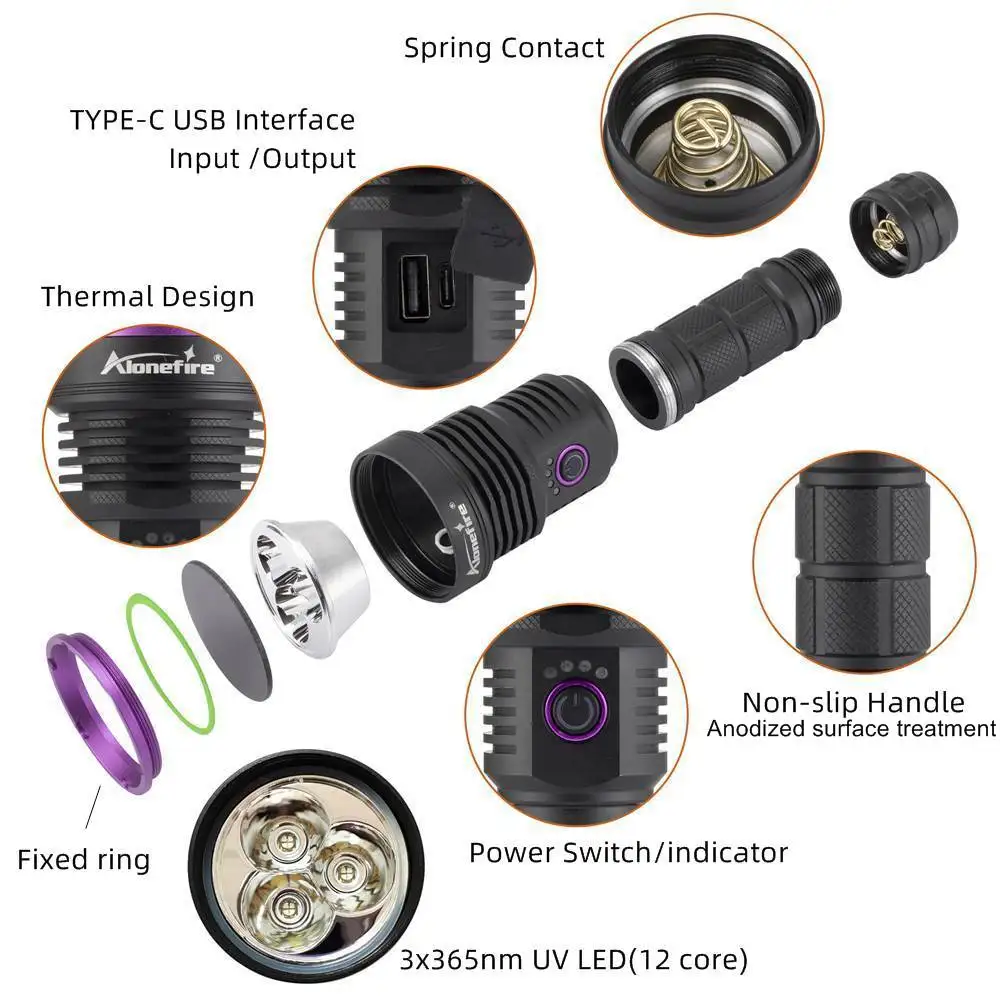 Linterna UV de 3x365nm y 60W, recargable por USB, luz negra, curado, tiña para gatos, marcador para manchas de orina de mascotas, fuga, mineral, dinero, luz de escorpión - imagen 5