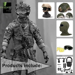 Conjunto de casco táctico Airsoft con funda para casco de camuflaje Multicam y auriculares de comunicación, gafas protectoras, paquete múltiple, máscara de pasamontañas