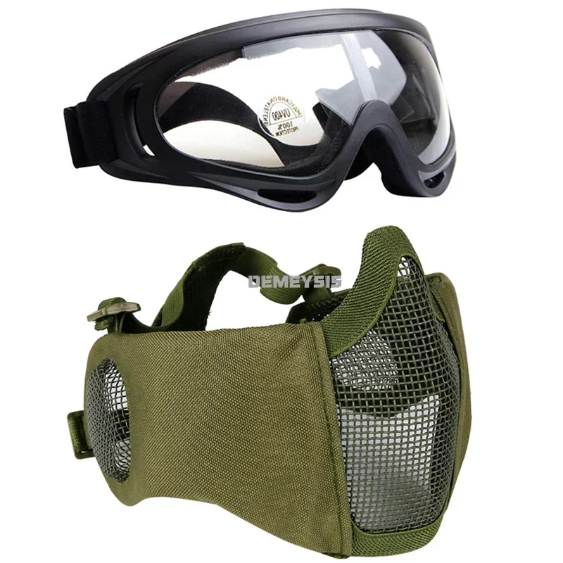 Máscara Airsoft con gafas, protección de malla de acero, tiro táctico, media cara, caza al aire libre, gafas de Paintball, conjunto de máscaras - imagen 3