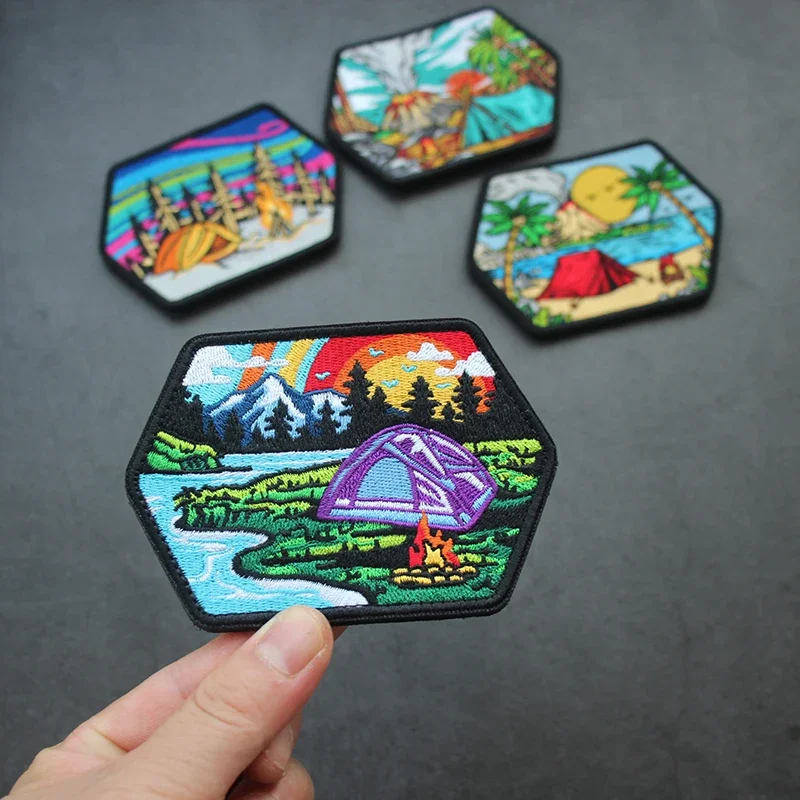 Parches bordados de paisaje volcánico, Parche de gancho y bucle, brazalete, insignia de árbol de coco con costura DIY, insignia de moral grande para acampar - imagen 2