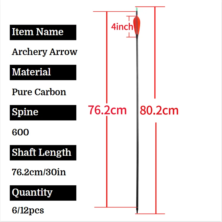Flecha de carbono puro SP 600 de 31,5 pulgadas, 6/12 Uds., flecha de carbono ID6.2mm, eje de pluma Natural, arco recurvo, objetivo de tiro de caza - imagen 2