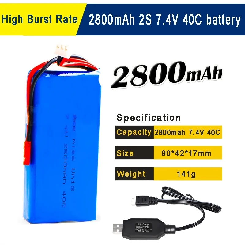 Batería WLtoys V262 7,4 V 2800mAh 2S batería Lipo para WLtoys V262 V323 V666 Quadcopter paquete de 2 con cargador USB