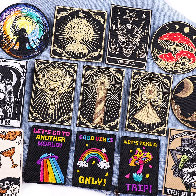 Parches bordados de faro/Raibow, parche de Tarot Punk, parches para planchar, parche de gato de dibujos animados DIY para ropa, insignias bordadas para coser