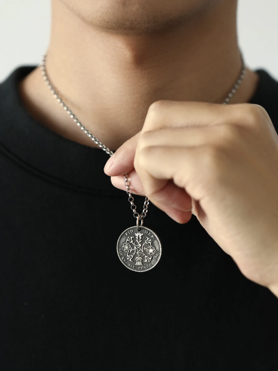 Collar de Luna y Sixpence para hombre, colgante de plata S999 pura, monedas antiguas - imagen 2