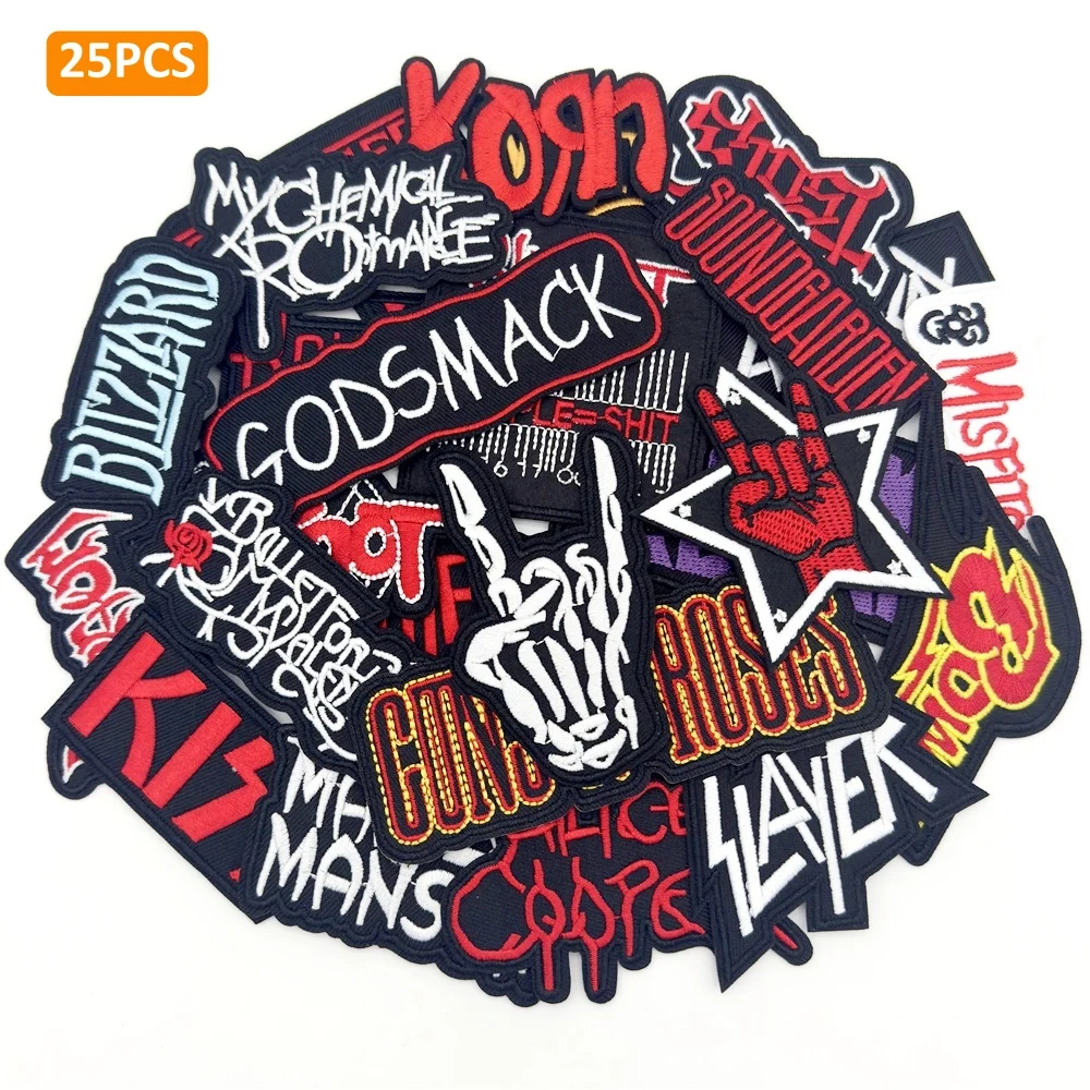 25 unids/lote parches de banda de Rock para ropa bordado rayas parches para planchar insignias musicales Diy pegatinas para ropa costura chaleco chaqueta
