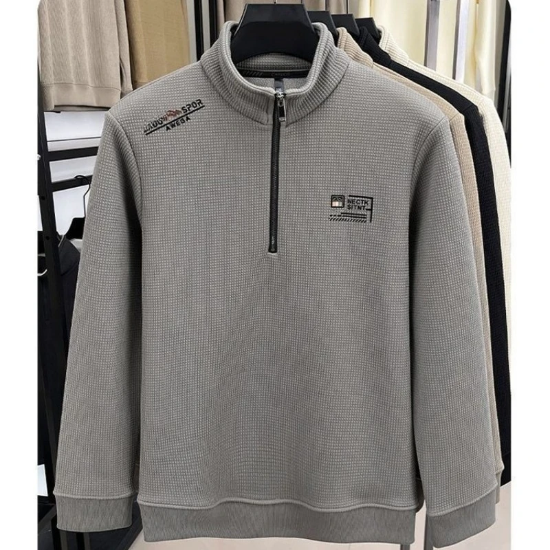 Sudaderas con forro polar para hombre, suéter Vintage con estampado de media cremallera y textura a cuadros, jersey cálido de lana gruesa, sudaderas de cuello alto de lujo - imagen 5