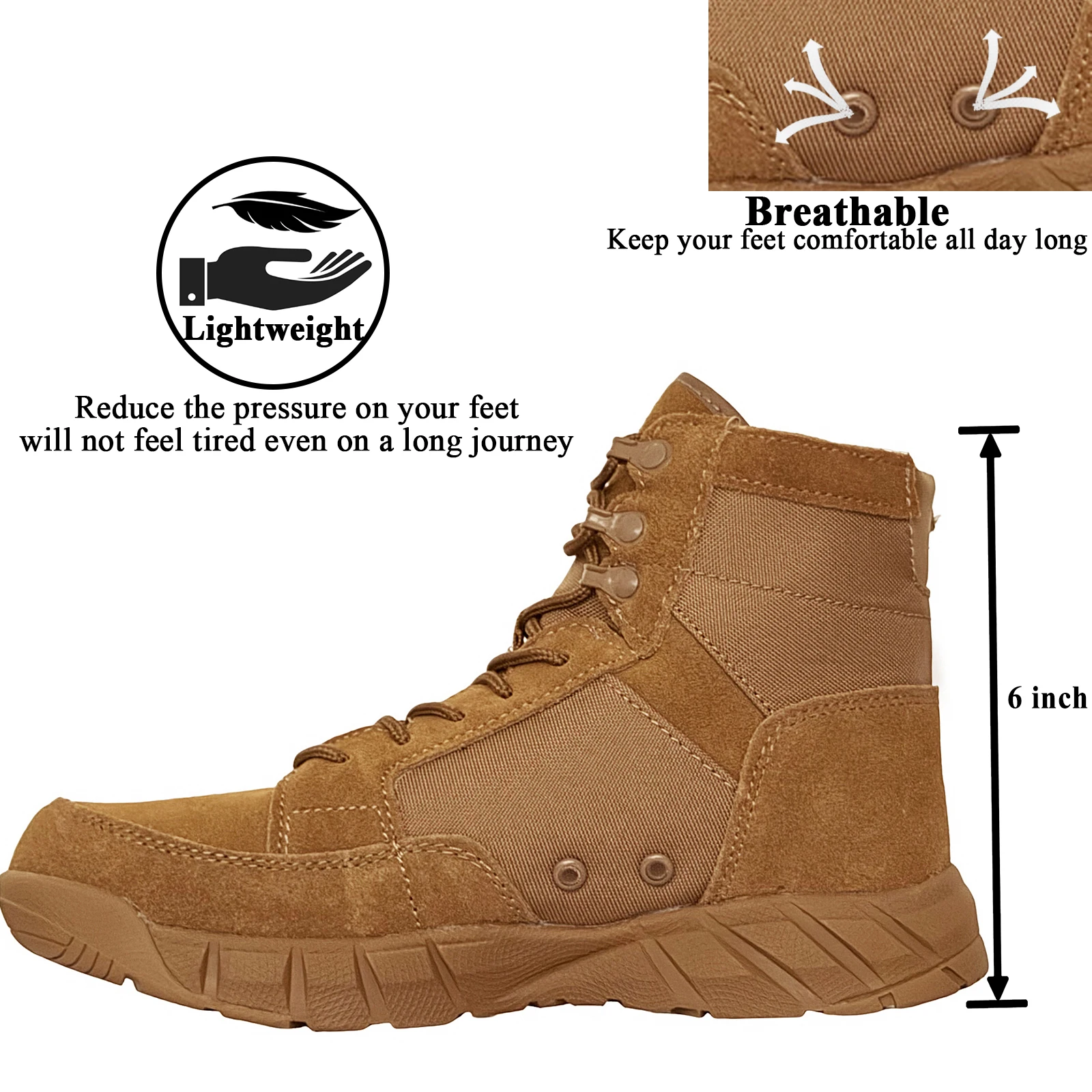 LAHORS ® Botas tácticas ligeras de 6 pulgadas para hombre con cremallera entrenamiento de combate con cordones impermeables para senderismo al aire libre zapatos tobilleros transpirables - imagen 3