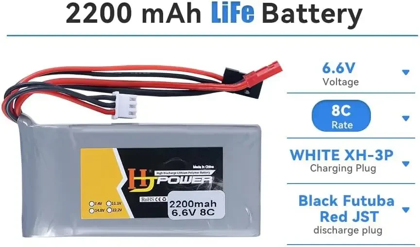 Batería LiFePO4 de 6,6 V, 8C, 2200mAh para receptor RC 18SZ 14SG 10J T8J T6J 7PX 4PX 4PV 4PLS 4PK 3PV T4PM con enchufe Futaba y JST - imagen 5
