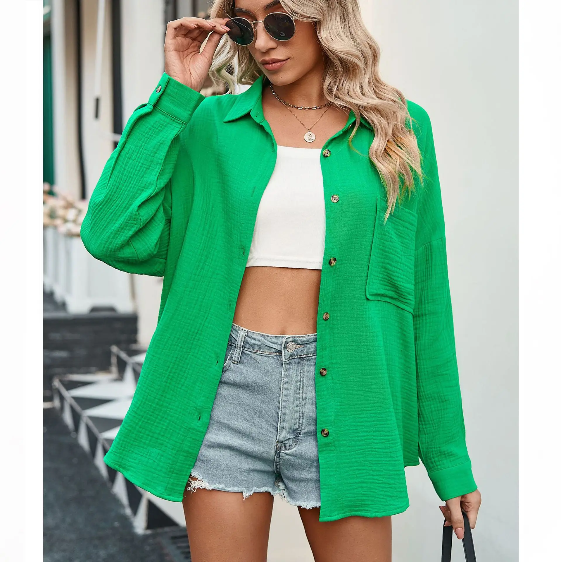 Camisa de retales para mujer, blusa de manga larga 100% de algodón, camisa de un solo pecho, cárdigan informal para verano y primavera - imagen 3