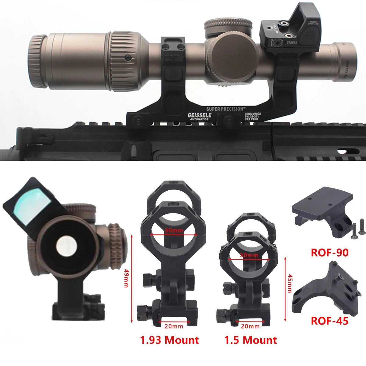 Soporte GEISSELE, tubo de 25,4mm y 30mm, anillos duales, soporte táctico de alcance de súper precisión, soporte de REPTILIA ROF-45 ROF-90 para miras de punto rojo