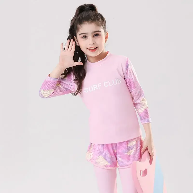 Tops de manga larga refrescantes para verano, conjuntos de natación para niños y niñas, camisetas con protección solar, pantalones cortos, trajes con almohadillas para el pecho desmontables, 3 uds. - imagen 3