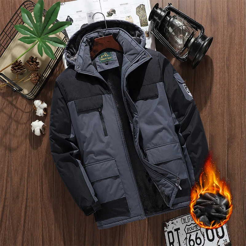 Parka impermeable a prueba de viento para hombre, abrigo grueso de lana para exteriores, bloqueo de Color, múltiples bolsillos y resistente al desgaste, Invierno - imagen 3