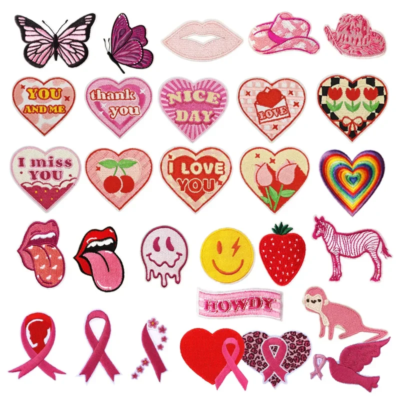 Parche para planchar bordado, pegatina Te amo, cinta de corazón de dibujos animados, insignia de Serie de corazón rosa, parches cosidos para planchar para ropa - imagen 2