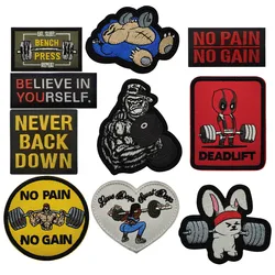 NO PAIN NO GAIN insignia de dibujos animados bordado accesorios de ropa deportes Fitness maestro mancuerna pegatina mágica parche gancho y bucle