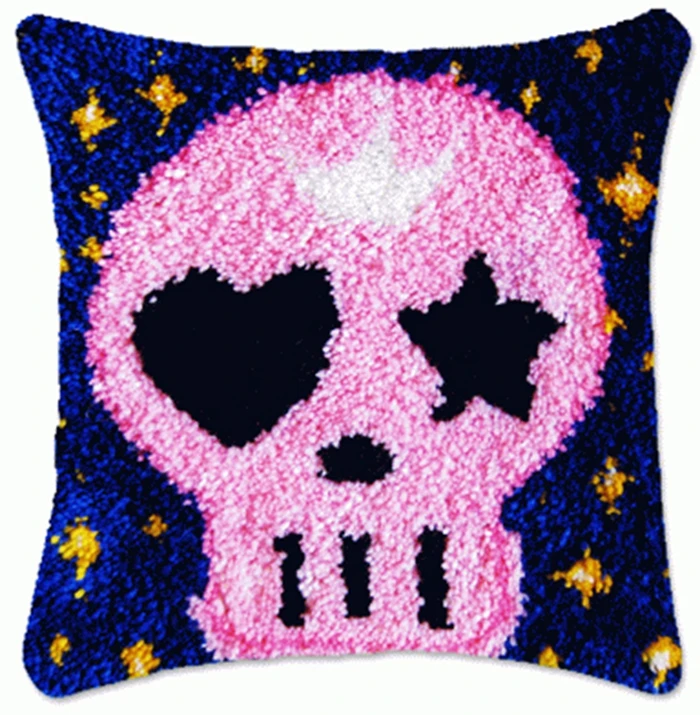 Klink Haak Kleed Punk DIY almohadas de punto de cruz Borduurpakket Kussen Latch Hook almohada 3D, Calavera, estrella, Smyrna, Knooppakket - imagen 4