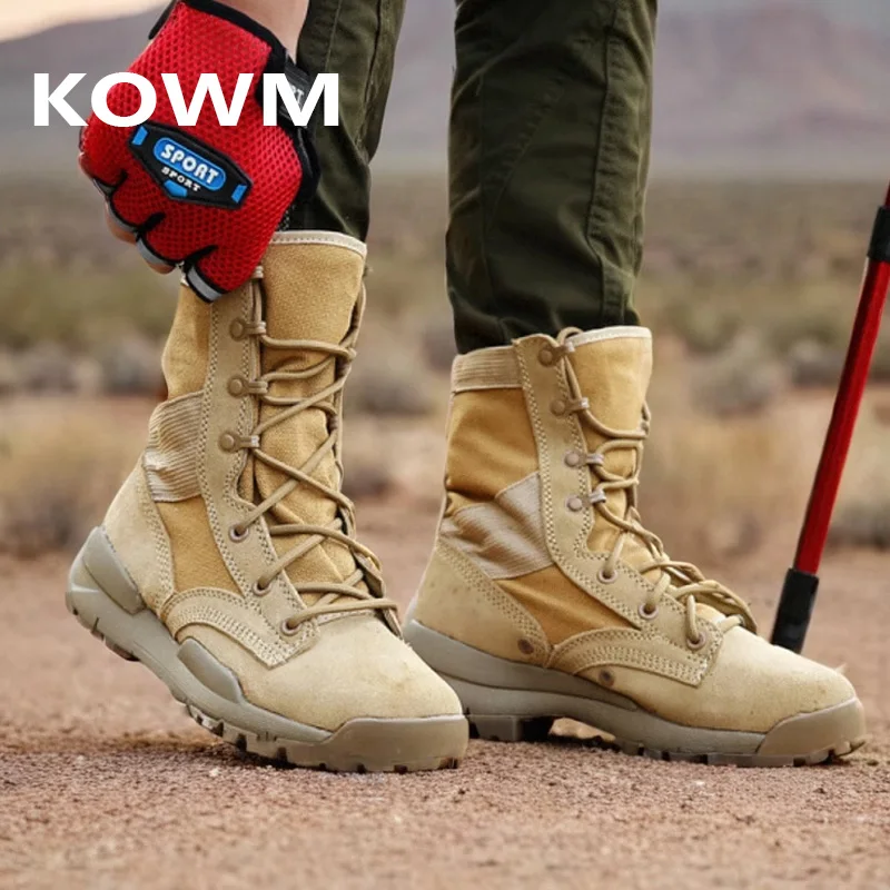 KOWM-zapatos de senderismo de cuero de vaca para hombre y mujer, botas impermeables de caza, zapatos tácticos de combate en el desierto, zapatillas tobilleras de caña alta - imagen 4