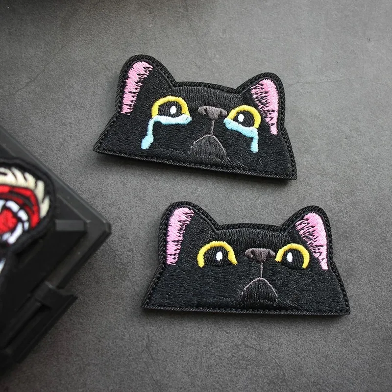 Parches divertidos de cara de gato negro para ropa, parche bordado de gato llorón lindo, sujetador de gancho y bucle, insignia, emblema DIY en pegatinas de mochila - imagen 4