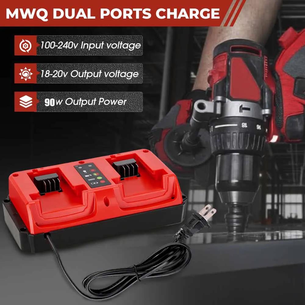 Reemplazo de cargador de batería rápido para batería de litio Milwaukee de 18V, puerto dual, cargador rápido de iones de litio multivoltaje de 90W - imagen 4