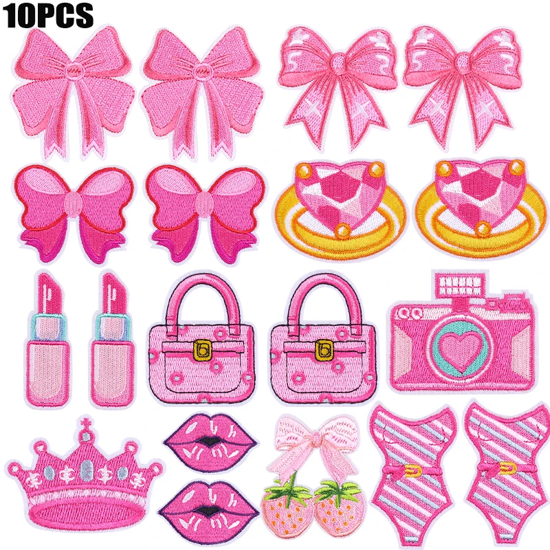 10 Uds. Parche de pajarita con anillo rosa, corona, lápiz labial, cámara, parches bordados, chaquetas, bolsas, parche para coser, parches para planchar para ropa