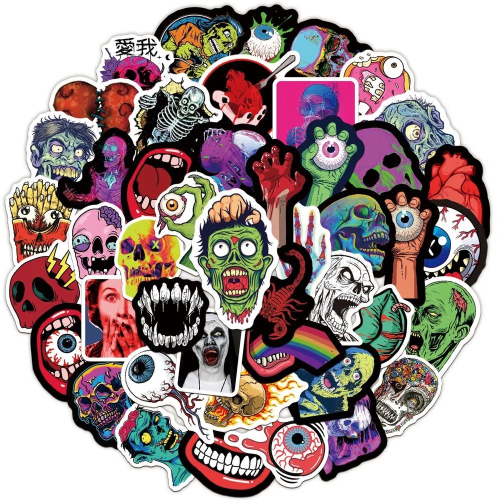 50 Uds. Pegatinas de fantasma y calavera de terror, cuaderno, nevera, guitarra, portátil, coche, bicicleta, Halloween, calcomanía para el hogar, pegatina de monstruo zombi resistente al agua - imagen 4