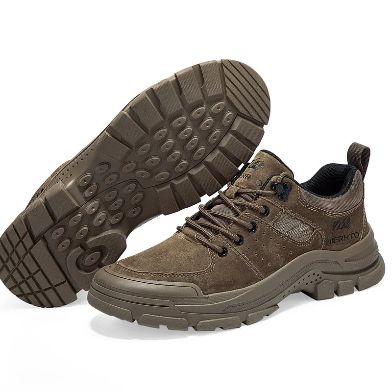 MERRTO-zapatos de senderismo de cuero de vaca para hombre, botas de trekking informales para exteriores, zapatillas ligeras acolchadas, zapatos antideslizantes impermeables - imagen 4