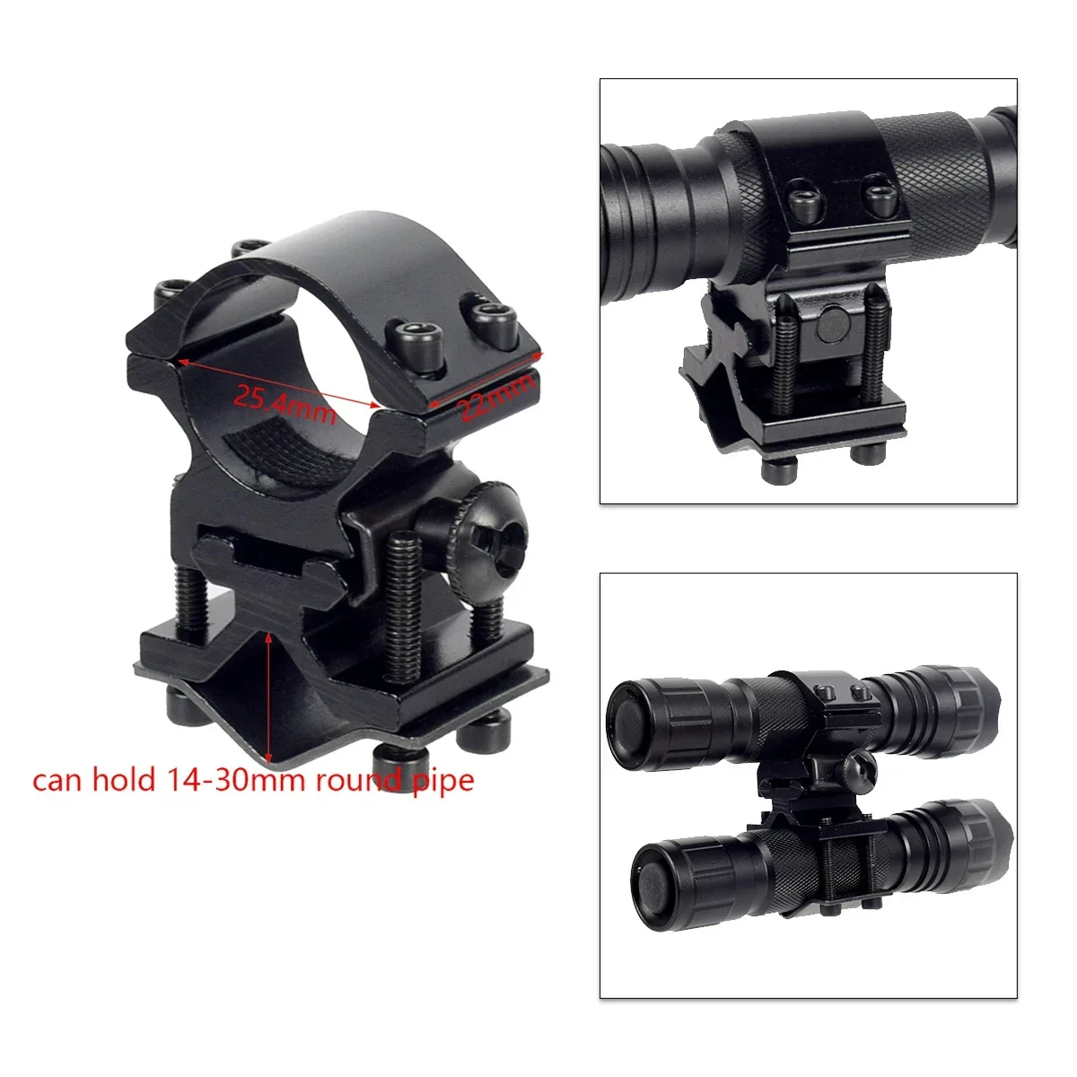 Soporte táctico Universal para linterna, arma, antorcha, soporte láser, adaptador de tubo redondo ajustable de Metal de 14-30mm, riel de montaje con Clip - imagen 2