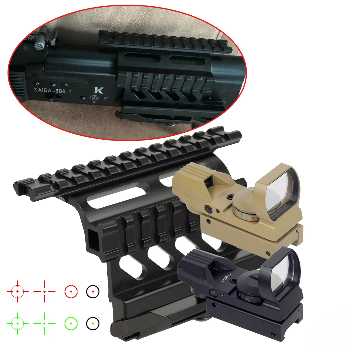 Mira telescópica táctica AK con riel lateral, montaje óptico, punto rojo, mira réflex, pistola Airsoft, mira telescópica para tiro y caza