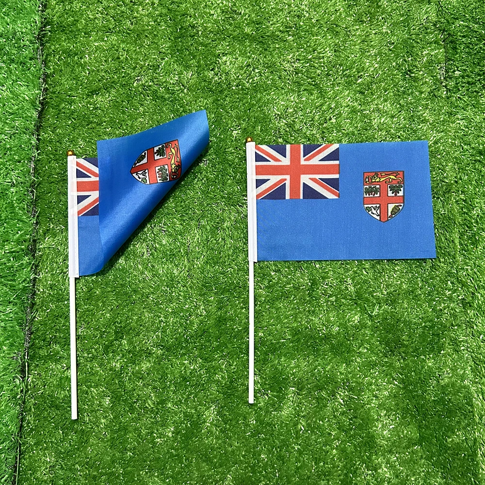 Bandera de la SKY, bandera de mano de Fiji, 10/20/50/100 Uds., 21x14cm, banderas onduladas de mano de Fiji con poste de plástico para actividades deportivas, decoración del hogar - imagen 5