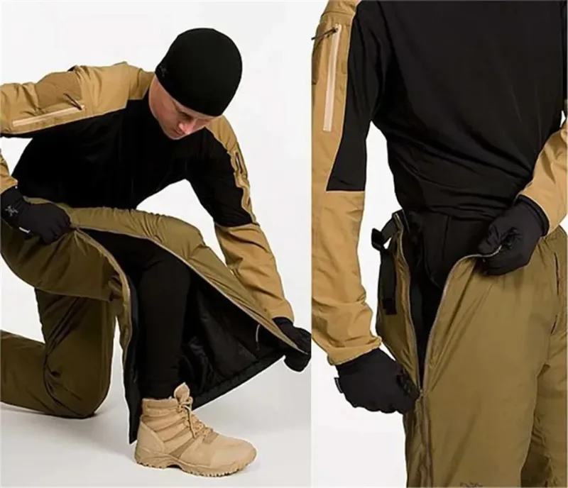 Un hombre que lleva una chaqueta negra y un sombrero negro se pone una chaqueta bronceada