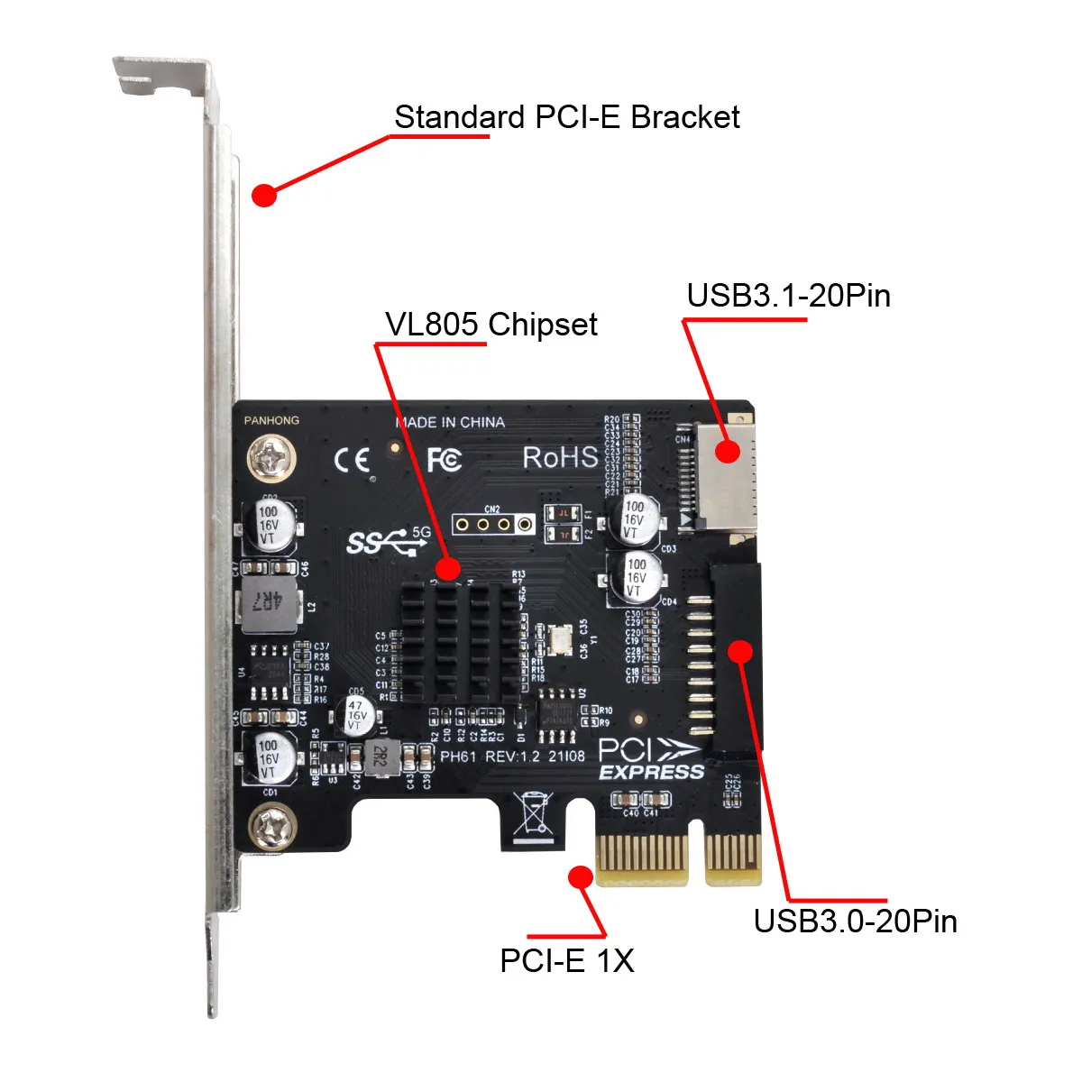 Enchufe CY y USB 2,0 a 5gbps, adaptador PCI-E 1X Express tipo E, Panel frontal USB 3,1 - imagen 4