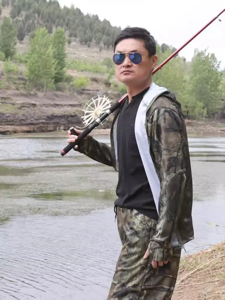 Sudadera con capucha de pesca de camuflaje con hojas marchitas, protección UV de verano, sombrero incluido, bufanda, guantes, poliéster transpirable, antisudor, secado rápido - imagen 3